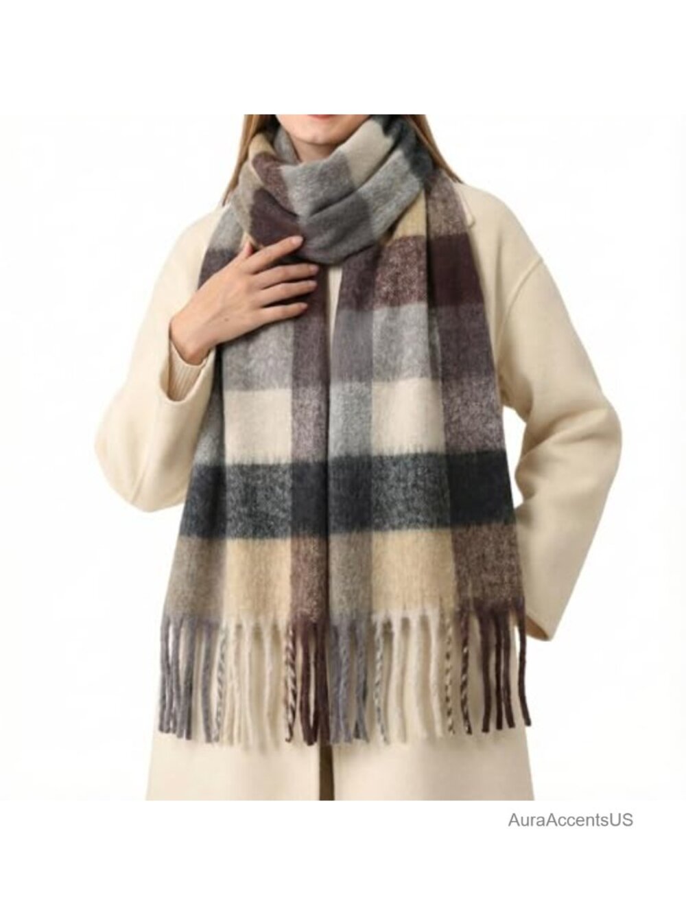 Chunky Oversized Plaid Winter Scarf with Tassels